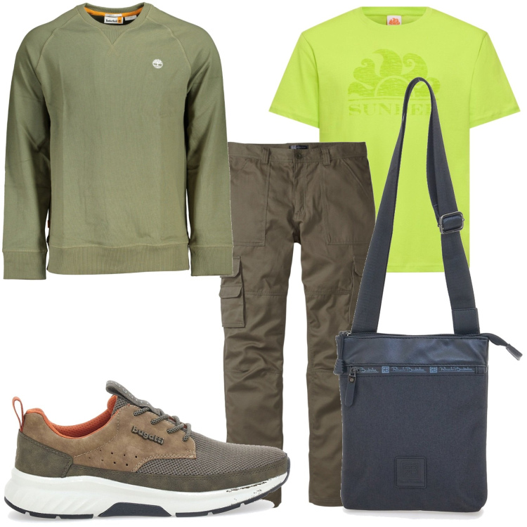 Outfit uomo - In città. Stile Casual per Tutti i giorni. Abbinamento con pantaloni cargo, portafogli, sneakers, felpe, t-shirt.