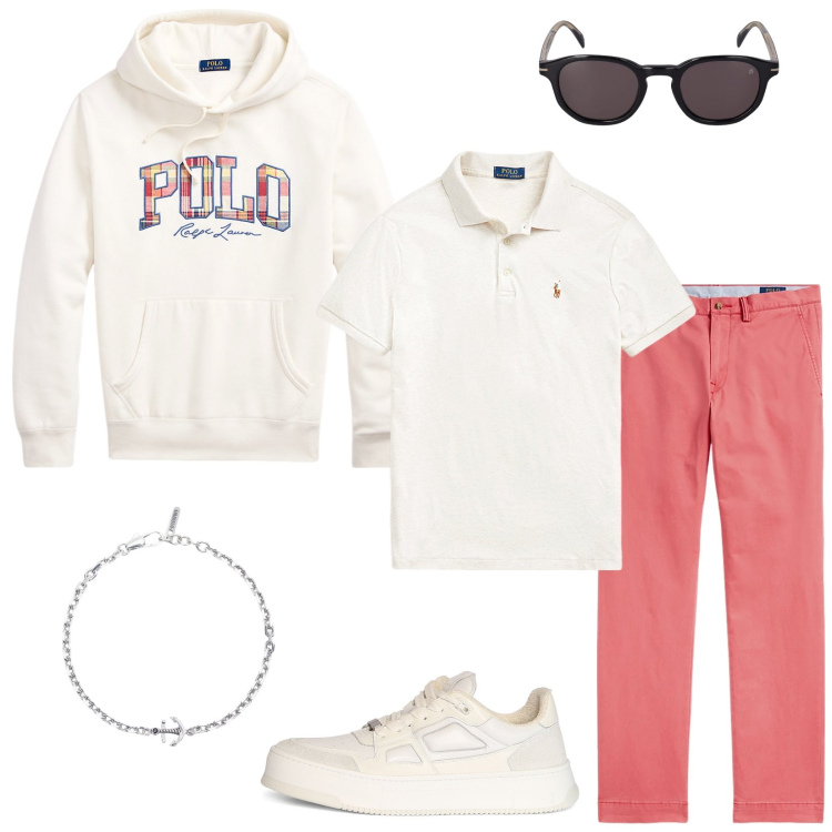 Outfit uomo - Passeggiando al porto. Stile Casual per Tutti i giorni. Abbinamento con braccialetti, polo, pantaloni, felpe con cappuccio, occhiali da sole, sneakers.