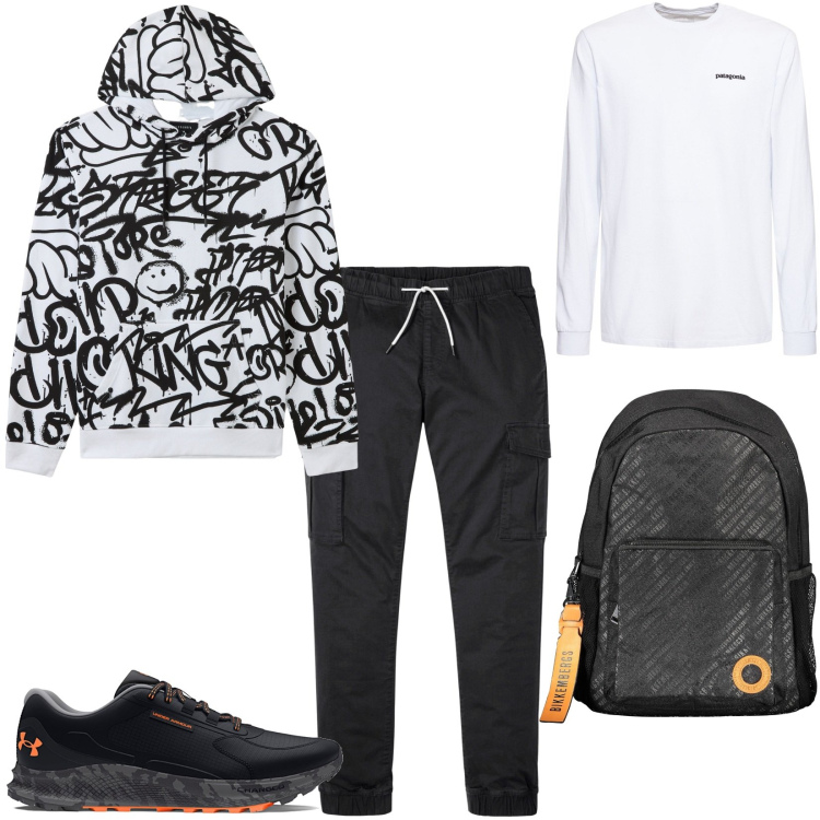Outfit uomo - Street art sulla felpa. Stile Casual per Tutti i giorni. Abbinamento con pantaloni cargo, felpe con cappuccio, scarpe sportive, borse sportive, t-shirt.
