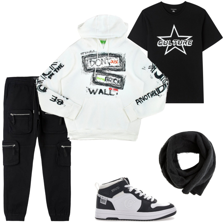 Outfit uomo - Pink Floyd: another brick in the wall. Stile Urban per Tutti i giorni. Abbinamento con sciarpe e foulard, pantaloni cargo, t-shirt, felpe con cappuccio, sneakers.