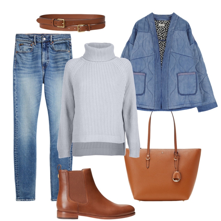 Outfit donna - Giornata fredda all’improvviso. Stile Sporty chic per Tutti i giorni. Abbinamento con blazer, borse tote, jeans slim fit, stivaletti chelsea, cinture, maglieria.