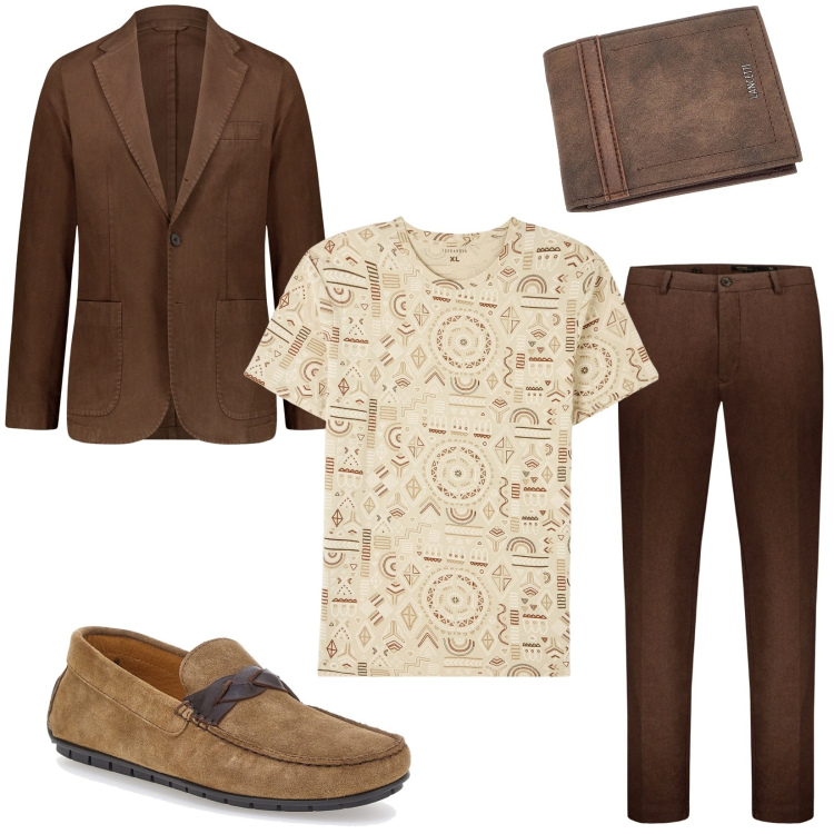 Outfit uomo - La t-shirt sotto la giacca moka. Stile Casual per Tutti i giorni. Abbinamento con t-shirt, pantaloni, scarpe stringate, giacche, portafogli.