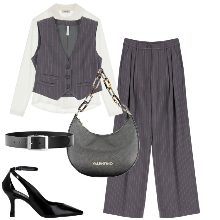Outfit donna - Mannish. Stile Mannish per Tutti i giorni. Abbinamento con cinture, pantaloni a palazzo, gilet, camicie, décolleté, borse a spalla.
