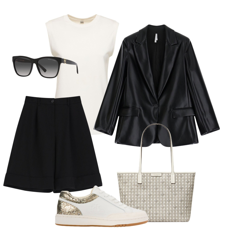 Outfit donna - Bermuda e sneakers in ufficio. Stile Glamour per Ufficio. Abbinamento con blazer, bermuda, occhiali da sole, sneakers, shopping bag, top.
