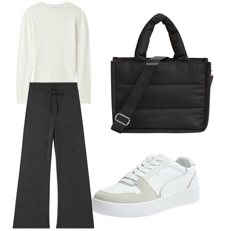 Outfit donna - Aperitivo. Stile Trendy per Tutti i giorni. Abbinamento con pantaloni, sneakers, shopping bag, maglieria.
