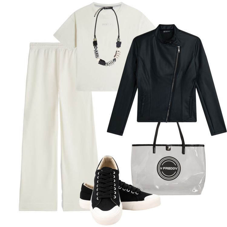 Outfit donna - Quotidianità e palazzo in french terry. Stile Casual per Tutti i giorni. Abbinamento con shopping bag, pantaloni a palazzo, giacche, t-shirt, sneakers, collane.