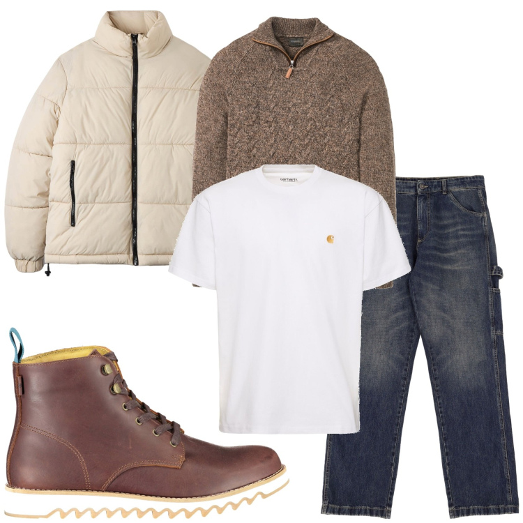 Outfit uomo - Il week-end fuori città. Stile Casual per Tutti i giorni. Abbinamento con maglieria, piumini, jeans, stivali, t-shirt.