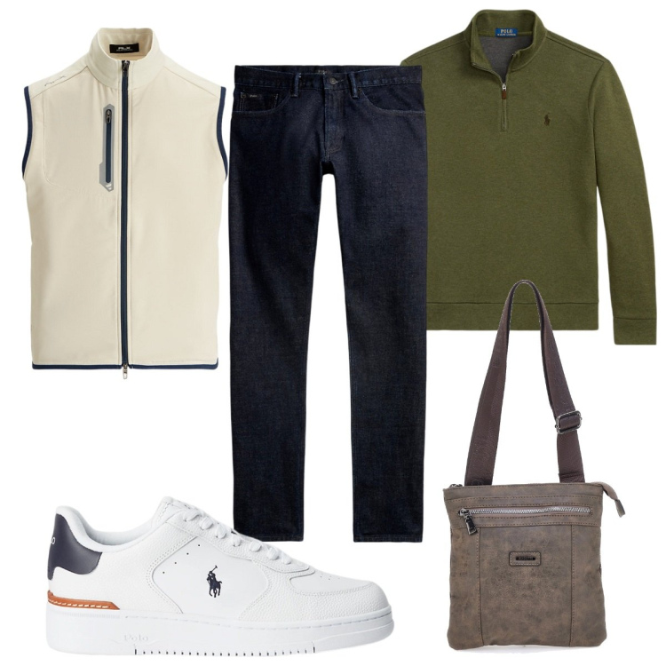 Outfit uomo - Total look #1955065. Stile Trendy per Tutti i giorni. Abbinamento con sneakers, jeans, pullovers, gilet, portafogli.