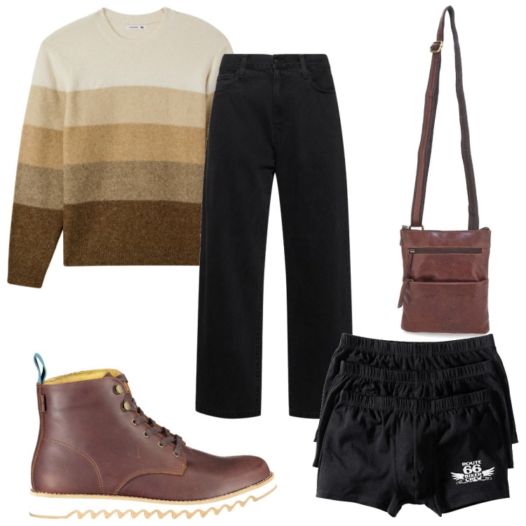 Outfit uomo - Total look #1955066. Stile Casual per Tutti i giorni. Abbinamento con boxer, maglieria, stivali, portafogli, jeans.