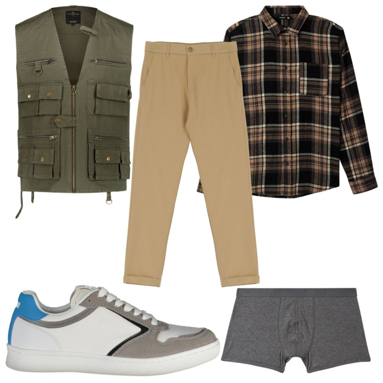 Outfit uomo - Total look #1955072. Stile Casual per Tutti i giorni. Abbinamento con camicie, boxer, pantaloni, gilet, scarpe sportive.