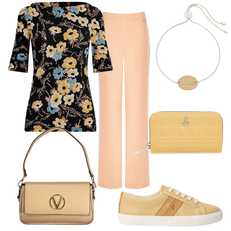Outfit donna - Total look #1955110. Stile Casual chic per Ufficio. Abbinamento con pantaloni a palazzo, maglieria, sneakers, braccialetti con ciondoli, portafogli, borse a spalla.