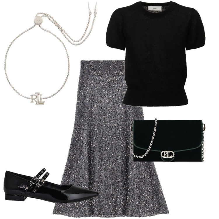 Outfit donna - Settembre casual glamour. Stile Glamour per Serata fuori. Abbinamento con gonne, ballerine, braccialetti, borse a tracolla, top.