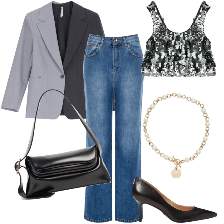 Outfit donna - Casual glamour a settembre. Stile Glamour per Serata fuori. Abbinamento con jeans, blazer, top, collane, décolleté, borse a spalla.
