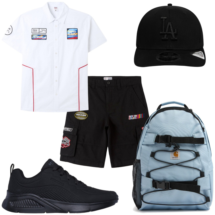 Outfit uomo - La domenica sportiva. Stile Casual per Sport. Abbinamento con bermuda, camicie a manica corta, cappelli con visiera, sneakers, borse sportive.