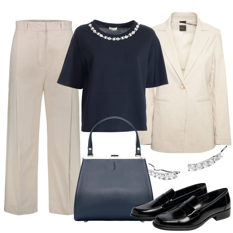 Outfit donna - La t-shirt con giochi di luce. Stile Chic per Tutti i giorni. Abbinamento con orecchini, t-shirt, clutch, pantaloni, mocassini, blazer.