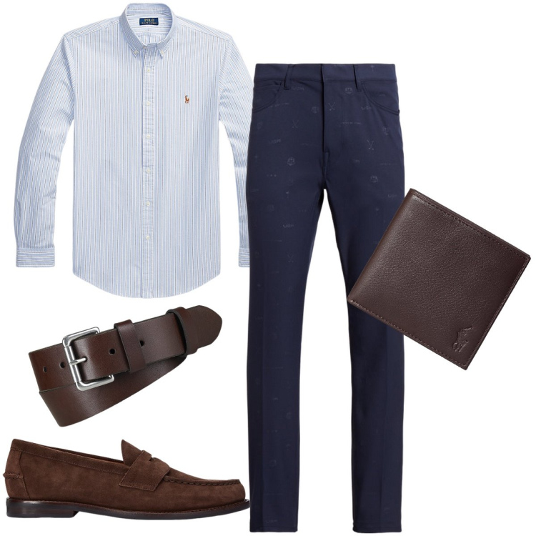 Outfit uomo - Blu e marrone. Stile Business/Elegante per Serata speciale. Abbinamento con scarpe stringate, portafogli, cinture, camicie, pantaloni.