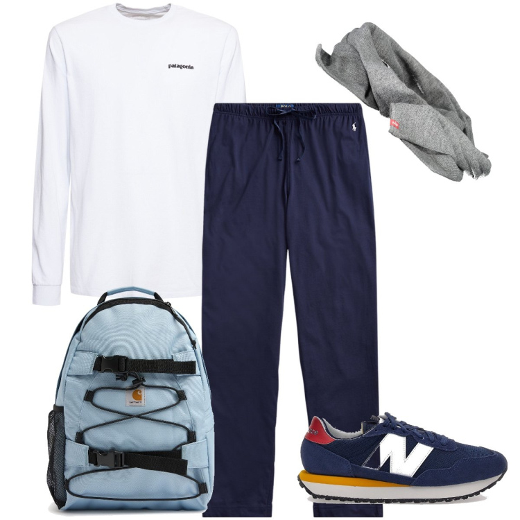 Outfit uomo - Gita in montagna. Stile Casual per Sport. Abbinamento con pantaloni, sciarpe, borse sportive, t-shirt, sneakers.
