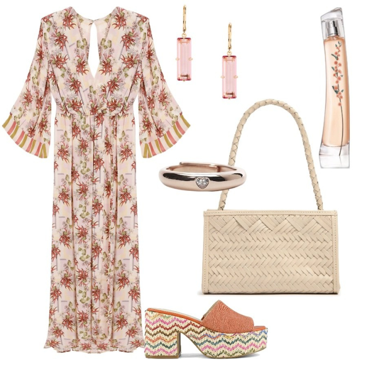 Outfit donna - Total look #1955156. Stile Boho per Serata fuori. Abbinamento con profumi, anelli, vestiti lunghi, orecchini, sandali, borse a spalla.