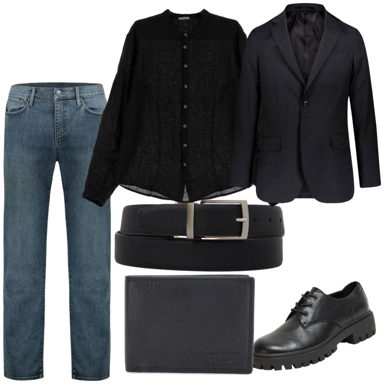 Outfit uomo - Serata insieme. Stile Trendy per Serata speciale. Abbinamento con scarpe stringate, camicie, portafogli, jeans, giacche, cinture.