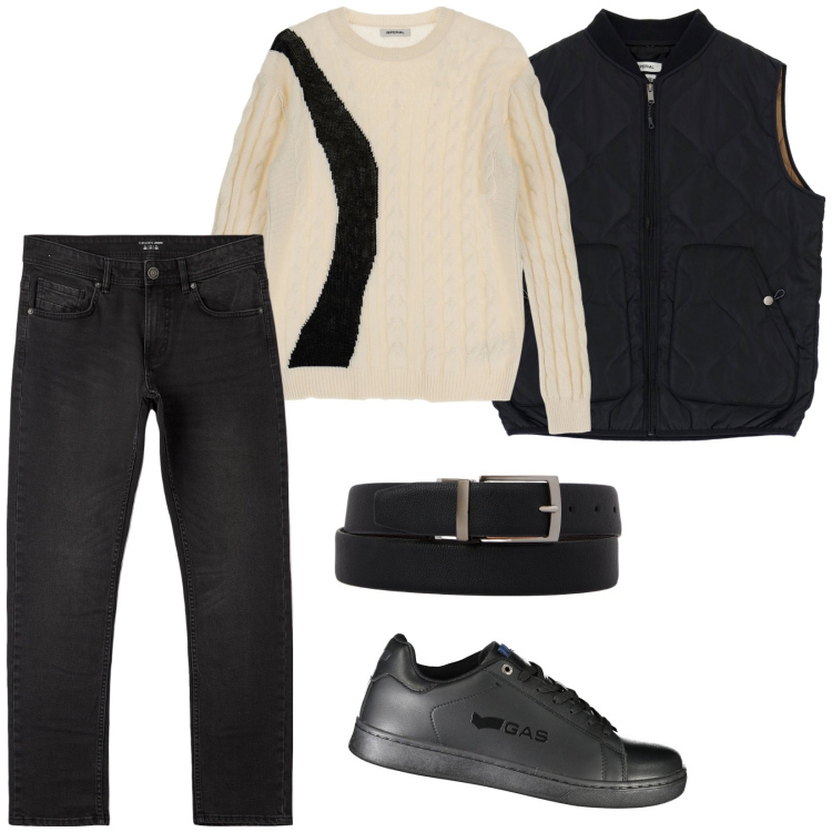 Outfit uomo - Black Denim. Stile Casual per Tutti i giorni. Abbinamento con jeans dritti, gilet, pullovers, cinture, sneakers.