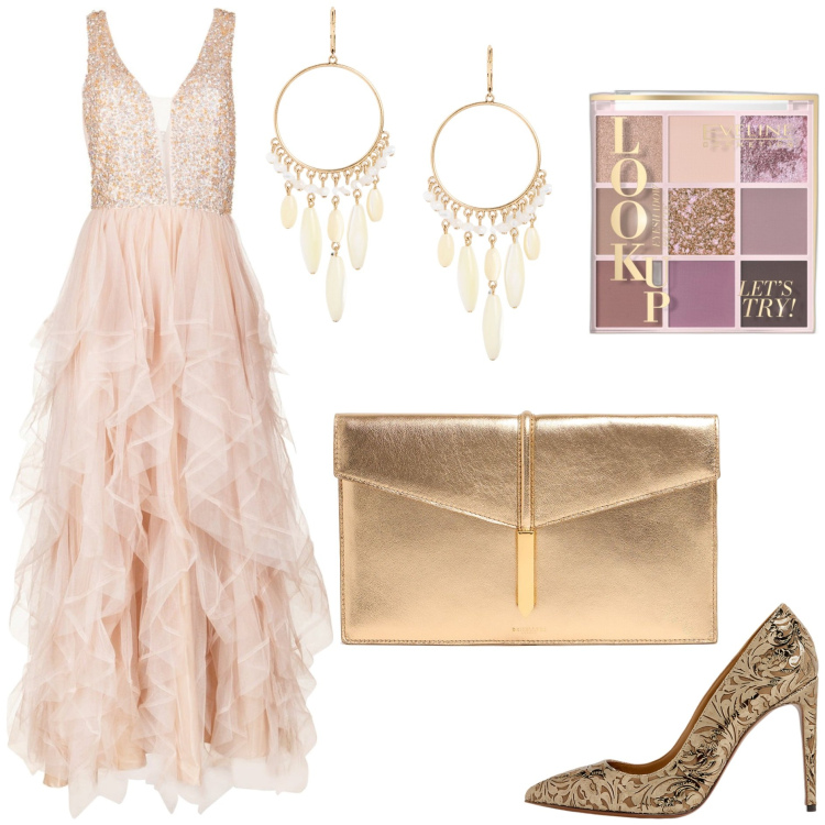 Outfit donna - La testimone della sposa. Stile Boho per Cerimonia. Abbinamento con ombretti, vestiti, décolleté, orecchini, clutch.
