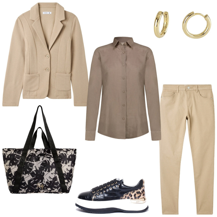 Outfit donna - Stile mannish all\'università. Stile Mannish per Scuola/Università. Abbinamento con blazer, pantaloni skinny, orecchini, sneakers, shopping bag, camicie.