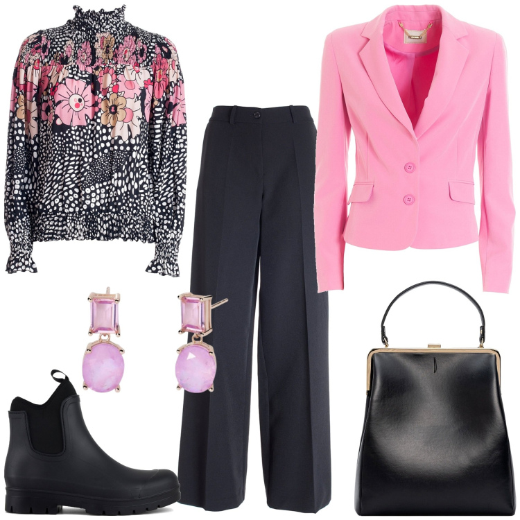 Outfit donna - In ufficio con la pioggia. Stile Trendy per Ufficio. Abbinamento con orecchini, bluse, pantaloni a palazzo, blazer, stivali, borse a spalla.