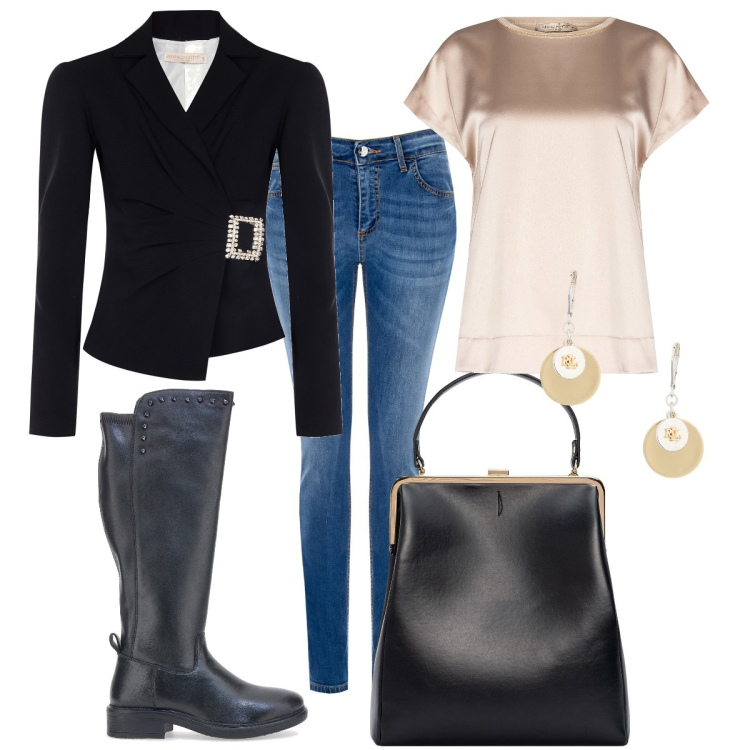 Outfit donna - Ottobre rock. Stile Glamour per Tutti i giorni. Abbinamento con blazer, bluse, jeans skinny, orecchini, stivali, borse a spalla.