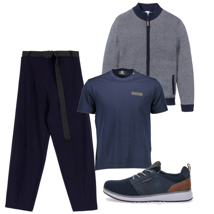 Outfit uomo - My little town blues. Stile Urban per Tutti i giorni. Abbinamento con cardigans, pantaloni, sneakers, t-shirt.