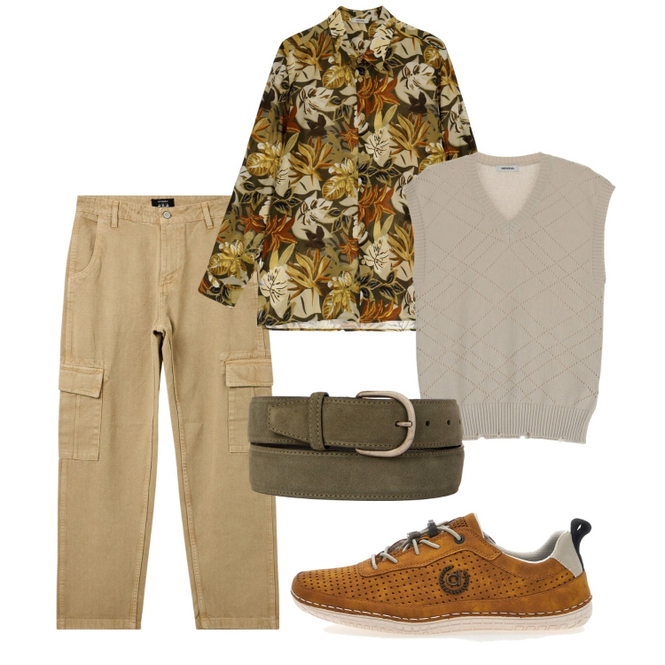 Outfit uomo - Leaves fantasy. Stile Urban per Tutti i giorni. Abbinamento con pantaloni cargo, camicie, pullovers, scarpe stringate, cinture.