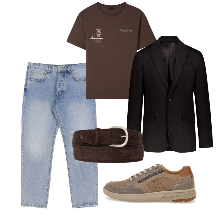 Outfit uomo - Moka e denim. Stile Urban per Serata speciale. Abbinamento con t-shirt, jeans slim fit, giacche, cinture, scarpe stringate.