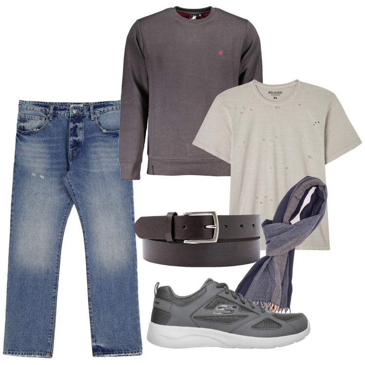 Outfit uomo - Pomeriggio in giro. Stile Urban per Tutti i giorni. Abbinamento con t-shirt, jeans, sneakers, cinture, felpe, sciarpe.
