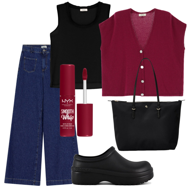 Outfit donna - Total look #1955216. Stile Basic per Tutti i giorni. Abbinamento con rossetti, borse tote, jeans, gilet, canottiere, sandali.