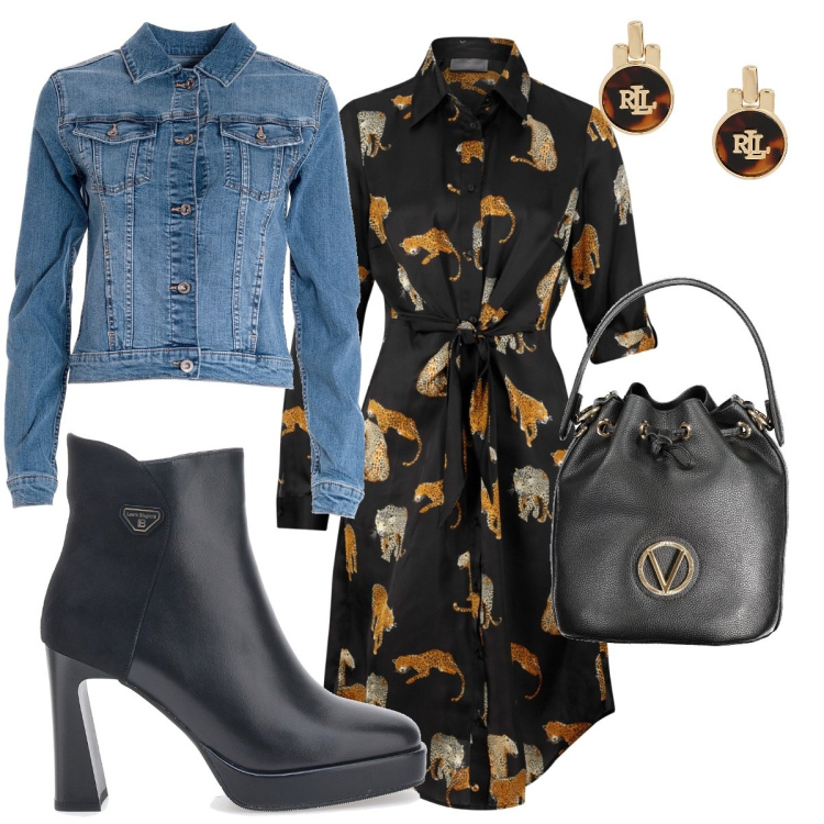 Outfit donna - Autunno in città. Stile Glamour per Tutti i giorni. Abbinamento con vestiti chemisier, giacche, orecchini, borse a spalla, stivaletti.