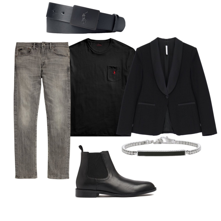 Outfit uomo - La giacca per una serata importante. Stile Trendy per Serata speciale. Abbinamento con braccialetti, giacche, t-shirt, cinture, jeans, stivali e stivaletti.