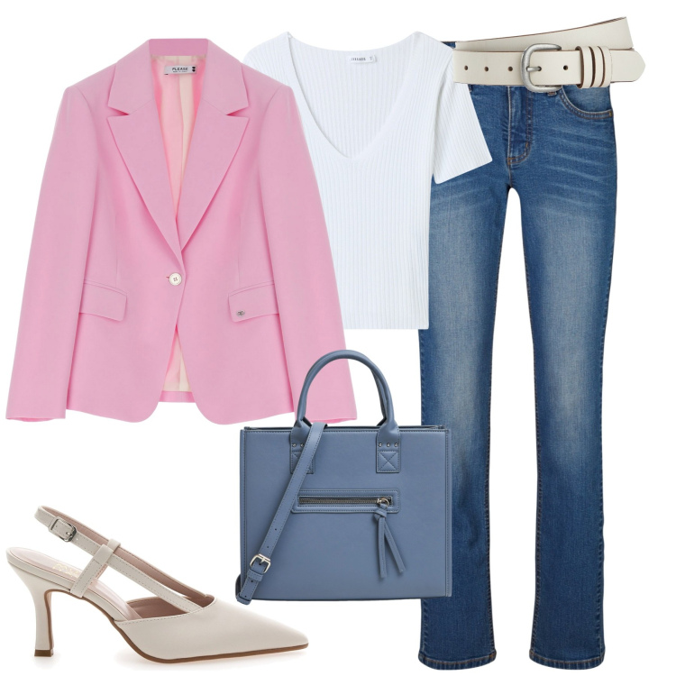 Outfit donna - Settembre. Stile Casual chic per Tutti i giorni. Abbinamento con jeans dritti, cinture, t-shirt, shopping bag, blazer, décolleté.