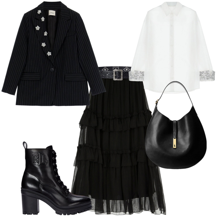 Outfit donna - Total look #1955249. Stile Glamour per Serata fuori. Abbinamento con camicie, gonne lunghe, blazer, borse a spalla, stivaletti, cinture.