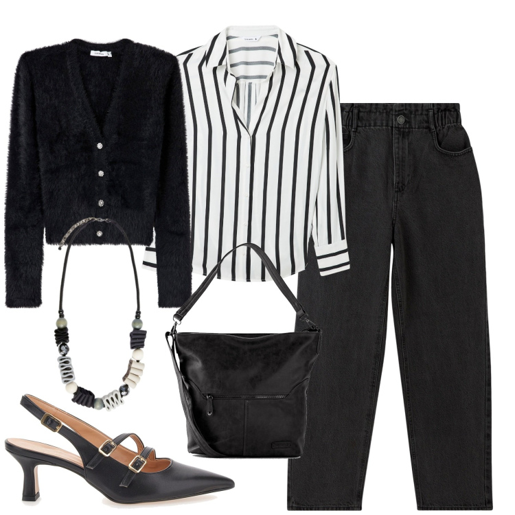 Outfit donna - Urban chic. Stile Urban per Tutti i giorni. Abbinamento con borse a tracolla, jeans, cardigans, camicie, décolleté, collane.