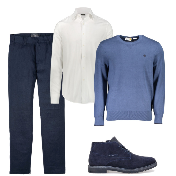 Outfit uomo - Il pull avio. Stile Casual per Tutti i giorni. Abbinamento con pantaloni, maglieria, camicie, scarpe stringate.