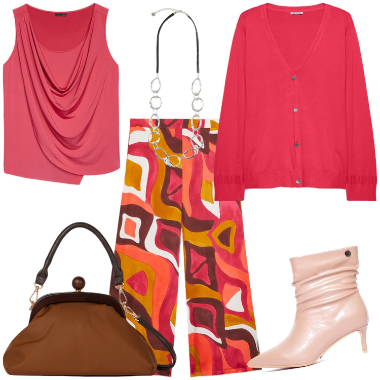 Outfit donna - Nuance autunnali. Stile Minimal per Tutti i giorni. Abbinamento con stivaletti, clutch, pantaloni a palazzo, top, cardigans, collane.