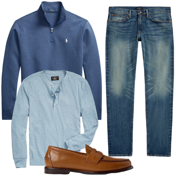 Outfit uomo - Hey man, c\'è il denim. Stile Casual per Tutti i giorni. Abbinamento con pullovers, scarpe stringate, t-shirt, jeans.