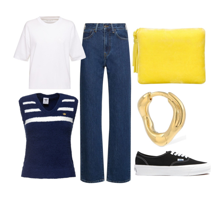 Outfit donna - Un tocco di colore. Stile Sporty chic per Tutti i giorni. Abbinamento con pochette, jeans dritti, t-shirt, orecchini, maglieria, sneakers.