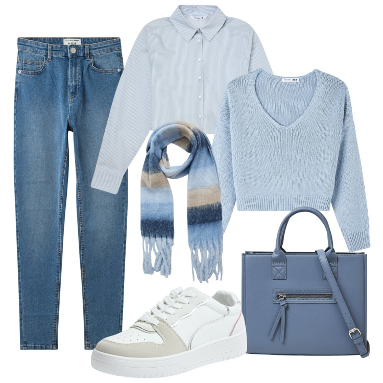 Outfit donna - Porto il cielo all’università. Stile Casual per Scuola/Università. Abbinamento con jeans skinny, maglieria, camicie, sneakers, shopping bag, sciarpe.