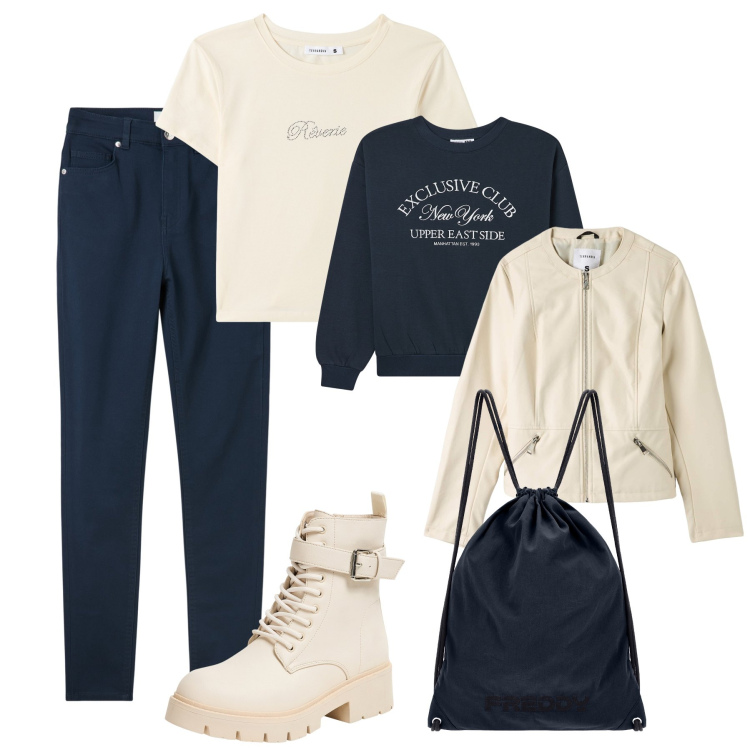 Outfit donna - Back to books. Stile Urban per Scuola/Università. Abbinamento con pantaloni skinny, blazer, anfibi, felpe, t-shirt, zaini.