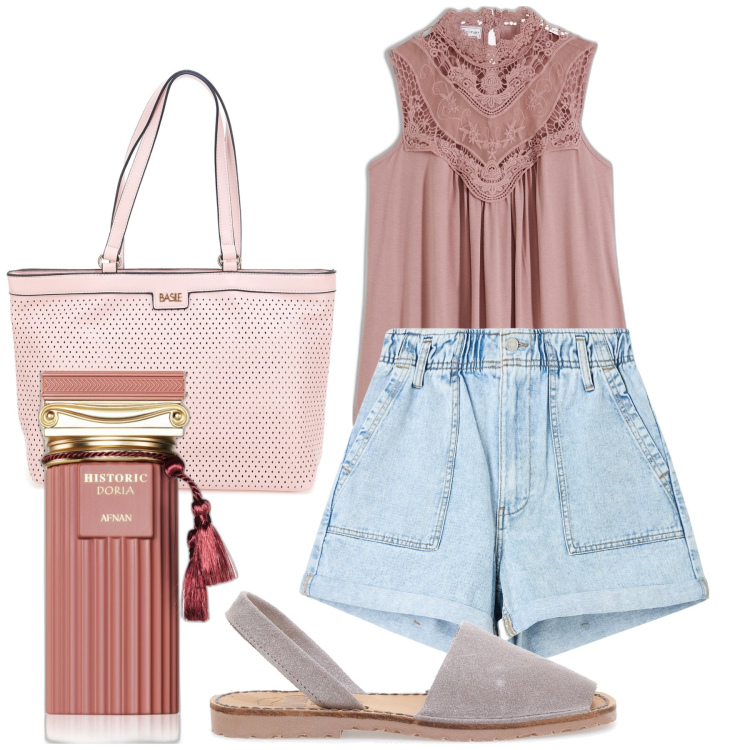 Outfit donna - Ultimi scampoli d\'estate. Stile Casual chic per Tutti i giorni. Abbinamento con top, profumi, shorts, sandali in pelle, borse a spalla.