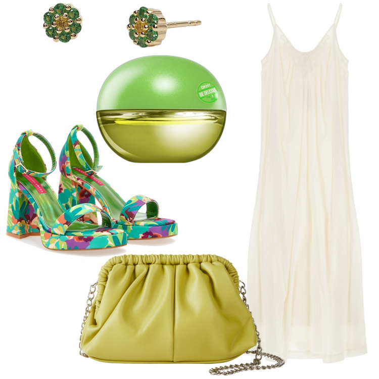 Outfit donna - Ancora voglia d\'estate. Stile Glamour per Tutti i giorni. Abbinamento con borse a tracolla, profumi, orecchini, vestiti, sandali col tacco.
