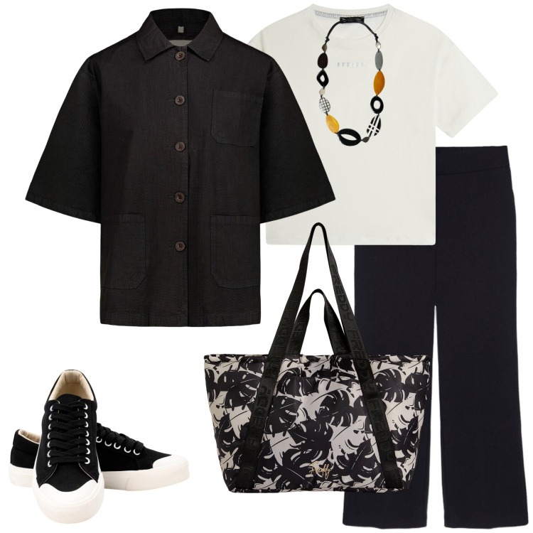 Outfit donna - Pantaloni palazzo. Stile Minimal per Tutti i giorni. Abbinamento con shopping bag, t-shirt, blazer, sneakers, pantaloni, collane.