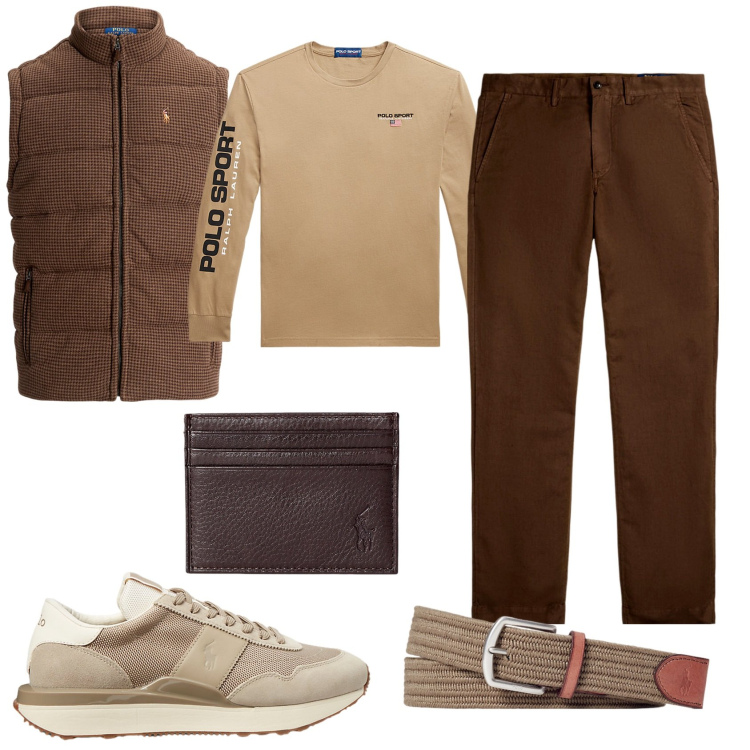 Outfit uomo - Autunno. Stile Casual per Ufficio. Abbinamento con cinture, portafogli, pantaloni, sneakers, maglieria, t-shirt.