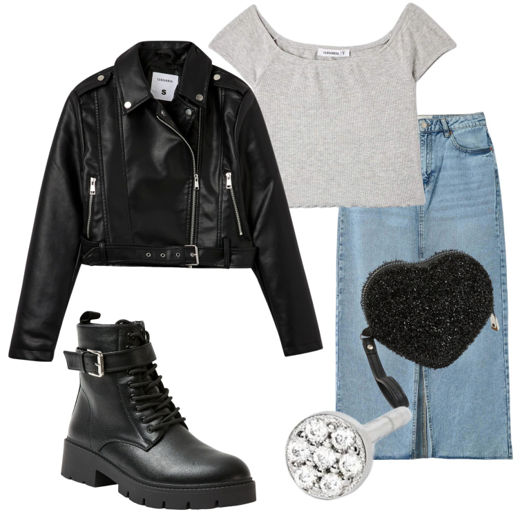 Outfit donna - Ritorno a scuola. Stile Casual per Scuola/Università. Abbinamento con t-shirt, gonne lunghe, anfibi, giacche, portafogli, orecchini.