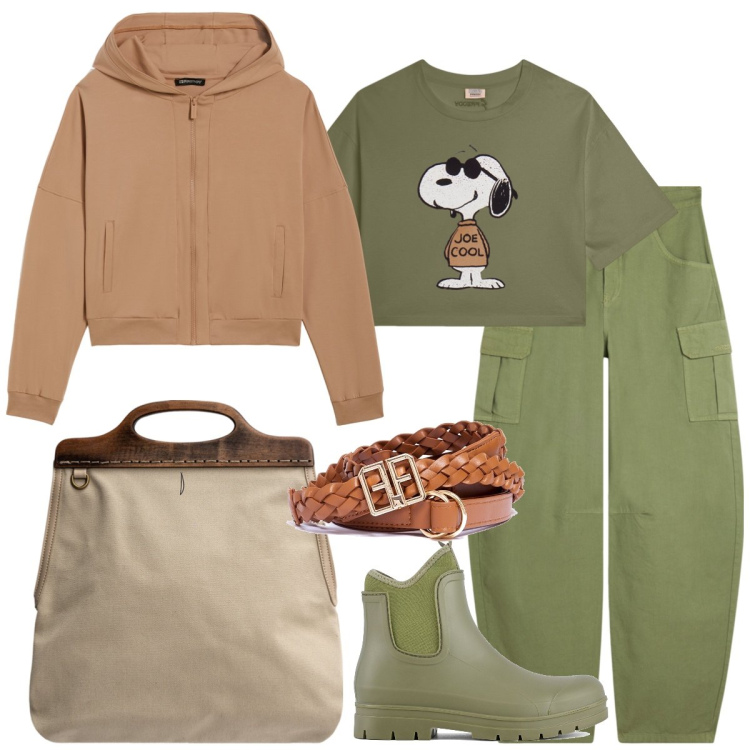 Outfit donna - Total look #1955305. Stile Urban per Scuola/Università. Abbinamento con cinture, felpe con cappuccio, pantaloni cargo, t-shirt, borse a tracolla, stivali.
